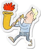pegatina retro angustiada de un caricaturista que sopla saxofón vector