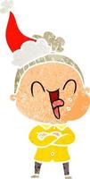 retro cartoon of a happy old woman wearing santa hat vector