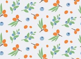 Seamless pattern with sea buckthorn and blueberry. Texture with berries in flat style. vector