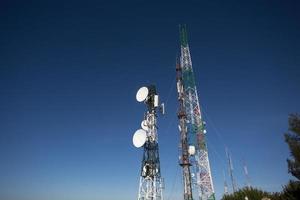 Telecommunications tower with blue sky. photo