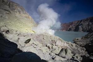 Sulfur mine with workers in Kawah Ijen, Java, Indonesia photo