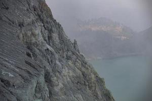 Sulfur mine with workers in Kawah Ijen, Java, Indonesia photo