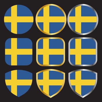 sweden flag vector icon set with gold and silver border