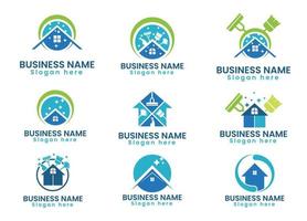 green blue home cleaning services logo template bundle set vector