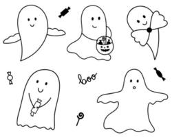 A set of cute hand-drawn outline ghosts with different elements. Doodle style vector