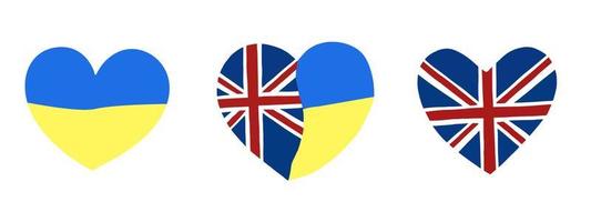 Heart flag of England and Ukraine. Symbol of friendship and support. Vector illustration isolated, hand drawn.