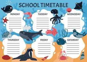 horario escolar de clases en la escuela primaria. plantilla de planificador semanal con animales marinos de dibujos animados. gráficos vectoriales en estilo de dibujos animados vector