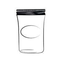 Jar with black label. Vector hand drawn vintage illustration. for spices, jam, jelly. Contour sketch in black isolated over white.