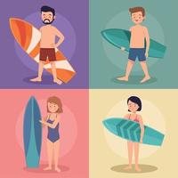 cuatro personajes de jóvenes surfistas vector