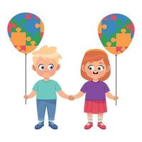 autistic kids with puzzle balloons vector