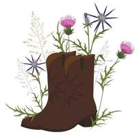 Cowboy boots in the grass. Vector stock illustration. Leather shoes. western. Isolated on a white background.