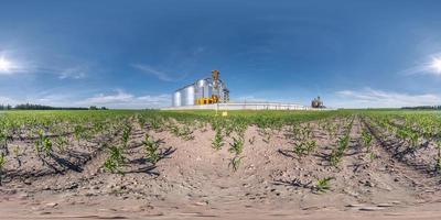 full seamless spherical hdri panorama 360 degrees angle view near silver silos for drying cleaning and storage of agricultural products  in equirectangular projection, ready for VR AR virtual reality photo