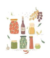 Illustration of canned blanks for the winter. Marinated vegetables in jars. Pickled cucumbers and tomatoes. vector