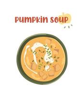 puré de sopa de calabaza en un plato verde. sopa de verduras frescas de otoño. ilustración para menús, anuncios, sitios web. vector