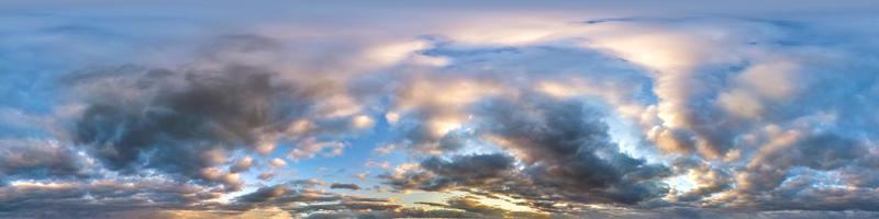 Seamless cloudy blue sky hdri panorama 360 degrees angle view with zenith and beautiful clouds for use in 3d graphics or game development as sky dome or edit drone shot photo