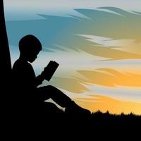 silhouette of kid reading a book under the tree during beautiful sunset vector
