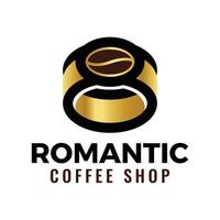 logo romántico de cafetería con símbolo de anillo y grano de café vector