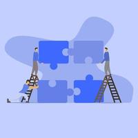 Vector illustration in simple flat style - teamwork and development concept - people holding abstract geometric shapes and puzzle pieces - organisation and management