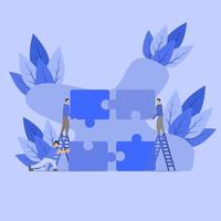 Vector illustration in simple flat style - teamwork and development concept - people holding abstract geometric shapes and puzzle pieces - organisation and management