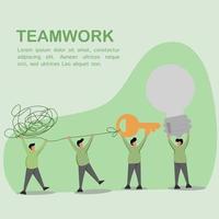 flat design of four people working together to turn on the light. This design is suitable for teamwork, problem solving and employee posters vector