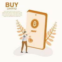 illustration of a man who makes a transaction buying and selling cryptocurrency. buying and selling of crypto assets, transactions of crypto assets. vector