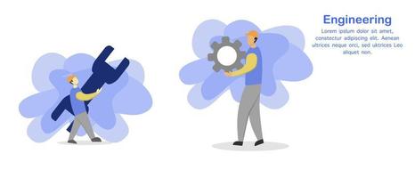 flat design two people holding a wrench and gear. This design is used for posters, contractor workers, technicians, mechanics, engineers, factory workers, and industry.