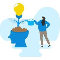 woman who generates creative business ideas. Character splashes water near a light bulb and generates thought ideas. Business solution concept. Flat cartoon vector illustration.