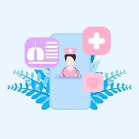 smartphone screen with doctor woman therapist on chat on messenger and online consultation. Vector flat illustration. Ask the doctor. online medical consultation service, health consultation