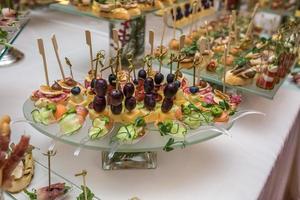 Catering. Off-site food. Buffet table with various canapes, sandwiches, hamburgers and snacks. photo