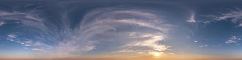 dark blue sky before sunset with beautiful awesome clouds. Seamless hdri panorama 360 degrees angle view with zenith for use in graphics or game development as sky dome or edit drone shot photo