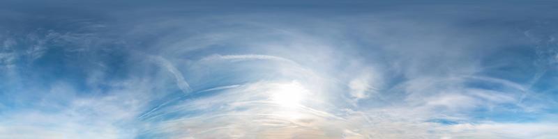 blue sky with beautiful cumulus clouds. Seamless hdri panorama 360 degrees angle view with zenith for use in 3d graphics or game development as sky dome or edit drone shot photo