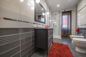 toilet and detail of a corner shower cabin with wall mount shower attachment photo