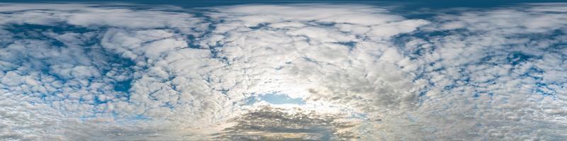 blue sky with beautiful cumulus clouds. Seamless hdri panorama 360 degrees angle view with zenith for use in 3d graphics or game development as sky dome or edit drone shot photo