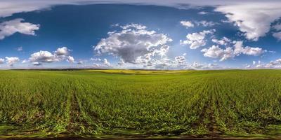 vista de ángulo de 360 grados de panorama hdri esférico completo sin costuras entre campos en el día de verano con impresionantes nubes azules en proyección equirectangular, listo para realidad virtual vr ar foto