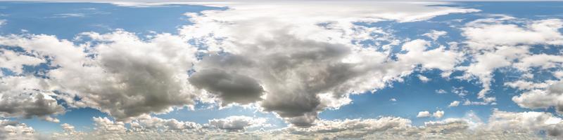 Seamless cloudy blue sky hdri panorama 360 degrees angle view with zenith and beautiful clouds for use in 3d graphics as sky dome or edit drone shot photo