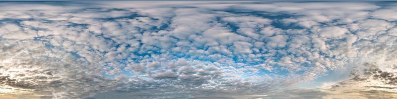 Seamless cloudy blue sky hdri panorama 360 degrees angle view with zenith and beautiful clouds for use in 3d graphics as sky dome or edit drone shot photo