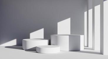 Three white round product podiums in minimal style with building background. Architecture and interior concept. 3D illustration rendering. photo