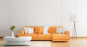 Cozy orange sofa in modern white wooden wall in empty room with plants orange juice carpet and floor lamp on wooden planks parquet floor. Architecture and interior concept. 3D illustration rendering photo