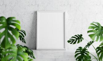 Empty photo frame mockup on white marble table with swiss cheese plant foreground on concrete background. Art and interior home decoration concept. 3D illustration rendering