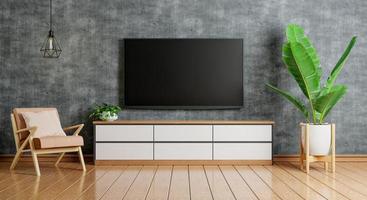 TV encima del mueble de madera en una moderna habitación vacía con sillas, plantas, moqueta y lámpara en el suelo de madera. arquitectura y concepto interior. representación de ilustración 3d foto