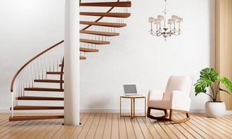 Modern living room with staircase plants chandelier lamp and laptop computer on wooden floor with white wall background. photo