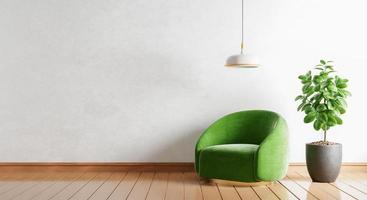 Green armchair with empty wall plants and lamp in modern room on wooden background. Copy space. Architecture and interior concept. 3D illustration rendering photo