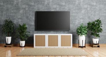 TV above wooden cabinet in modern empty room with plants and carpet on floor wooden. Architecture and interior concept. 3D illustration rendering photo