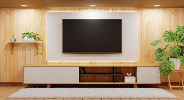 TV above wooden cabinet in modern empty room with plants carpet and downlight lamp on wooden background. Japanese style theme. Architecture and interior concept. 3D illustration rendering photo