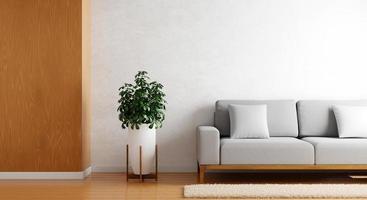 acogedor sofá gris en una moderna pared de hormigón blanco en una habitación vacía con plantas en el suelo de parquet de tablones de madera. arquitectura y concepto interior. representación de ilustración 3d foto