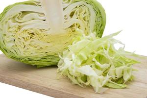 Closeup cabbage and cutted cabbage on wooden is isolated white background photo