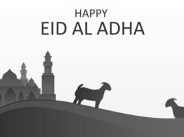 mezquita en la distancia y una cabra de pie en el momento de la celebración de eid al-adha vector