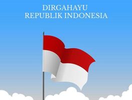 ondea la bandera indonesia roja y blanca en el cielo azul brillante vector