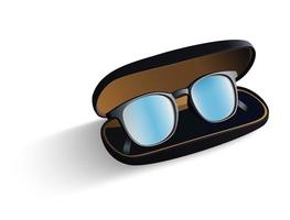 A pair of sunglasses with blue lenses in a glasses case and on a white background vector