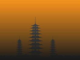 silueta de los edificios del templo chino en las colinas al atardecer vector